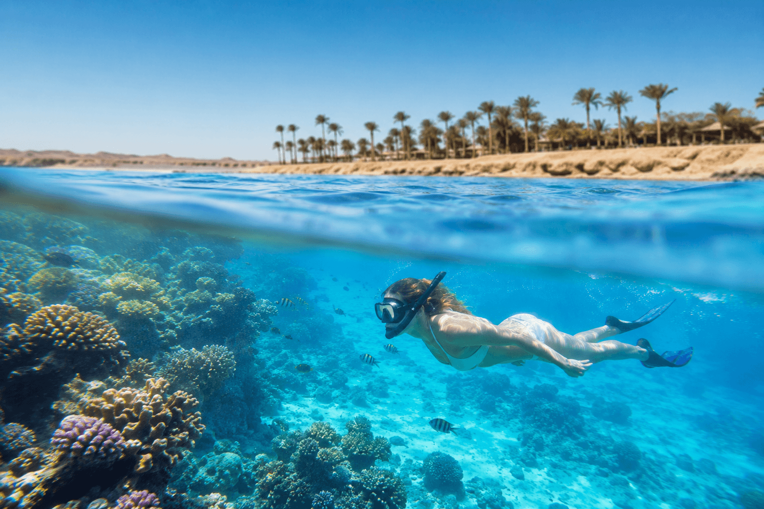 Schnorchelnde Person über einem Korallenriff am Roten Meer